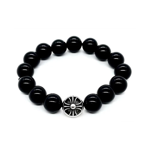 Silver Bead Chrome Hearts Obsidian Bracelet