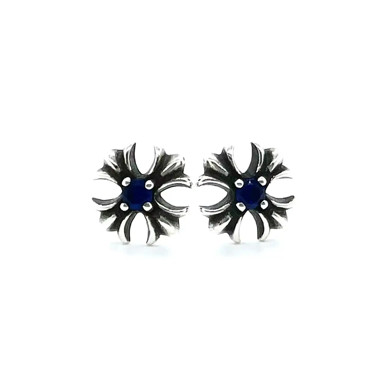 Chrome Hearts Blue Diamond Cross Flower Stud Earrings