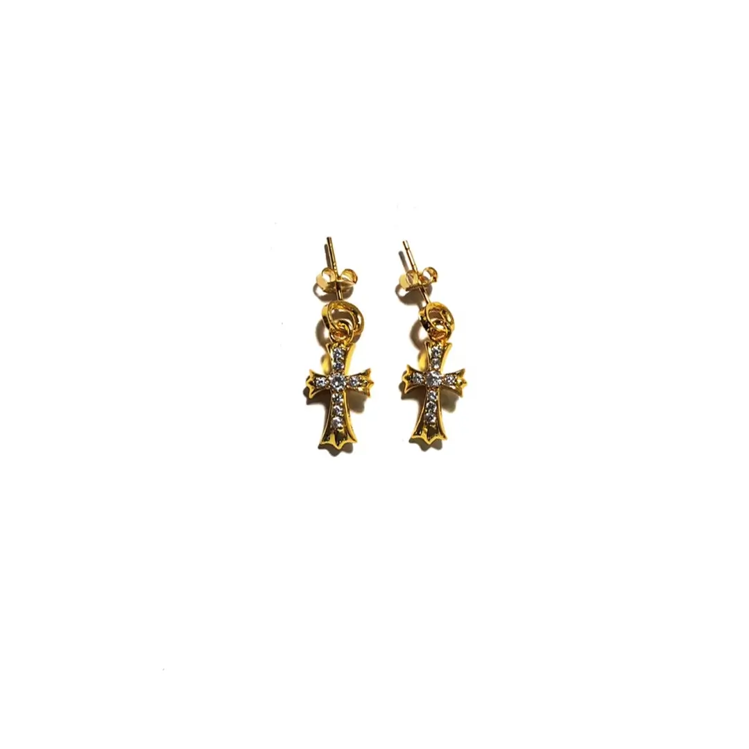 Chrome Hearts 22K Gold Diamond Babyfat Cross Charm Earrings