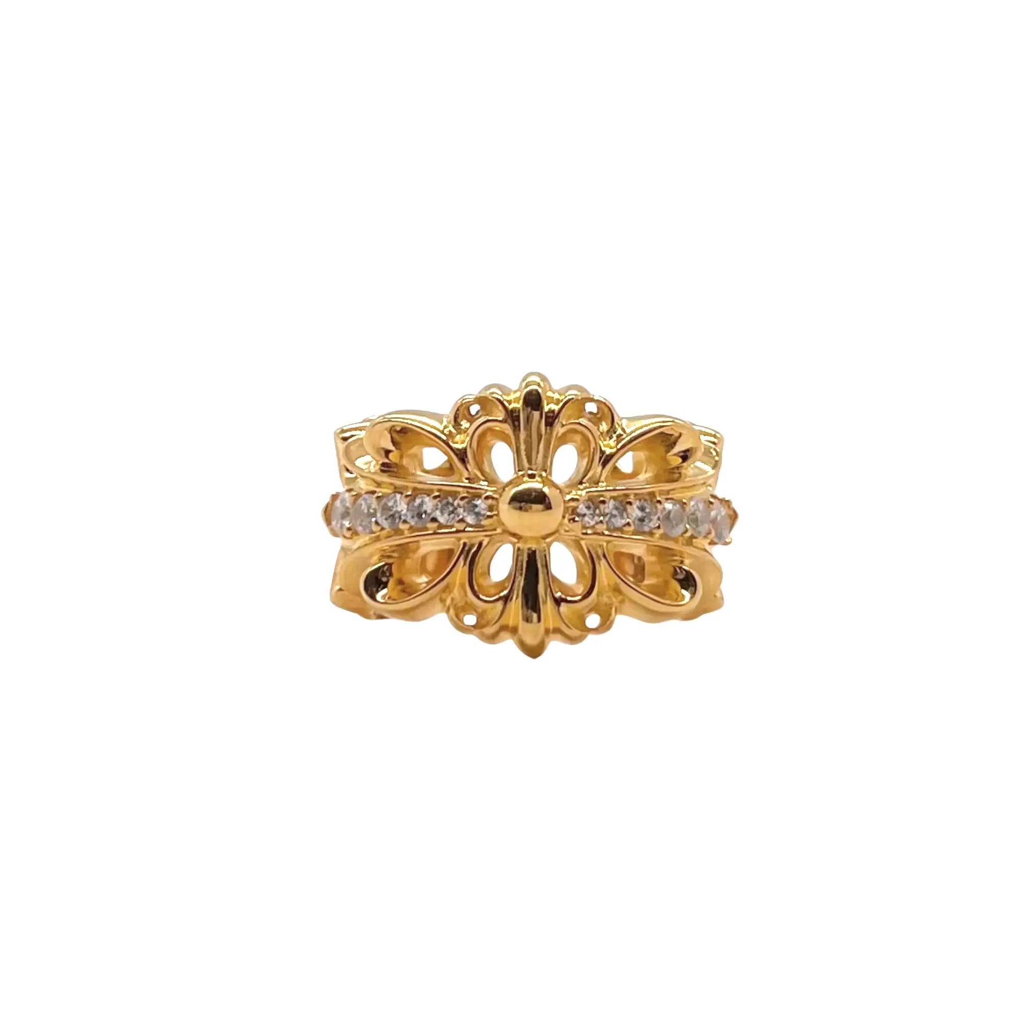 22k Diamond Double Floral Chrome Hearts Ring Gold