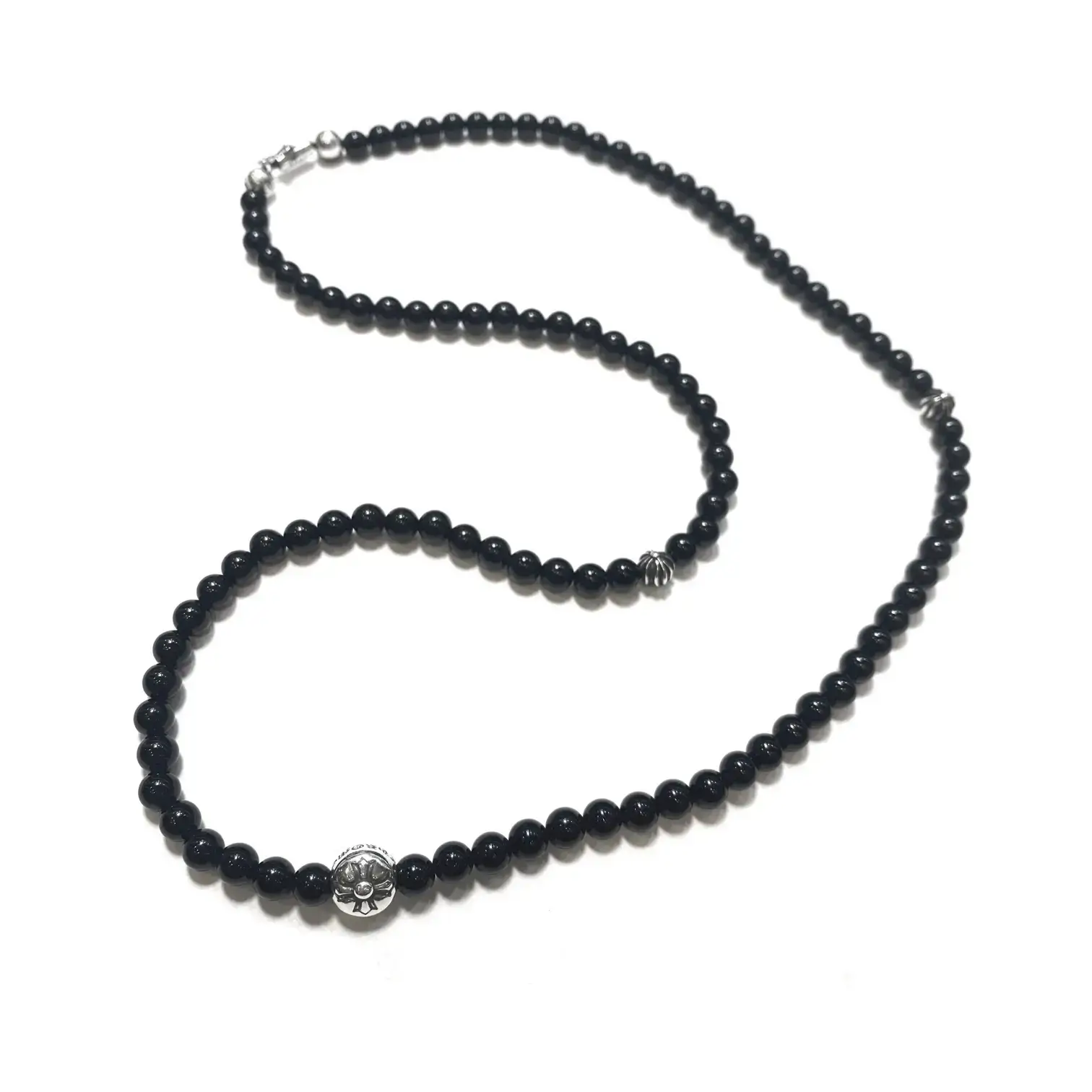 Black Onyx Silver Chrome Hearts Beads Bracelet/Necklace