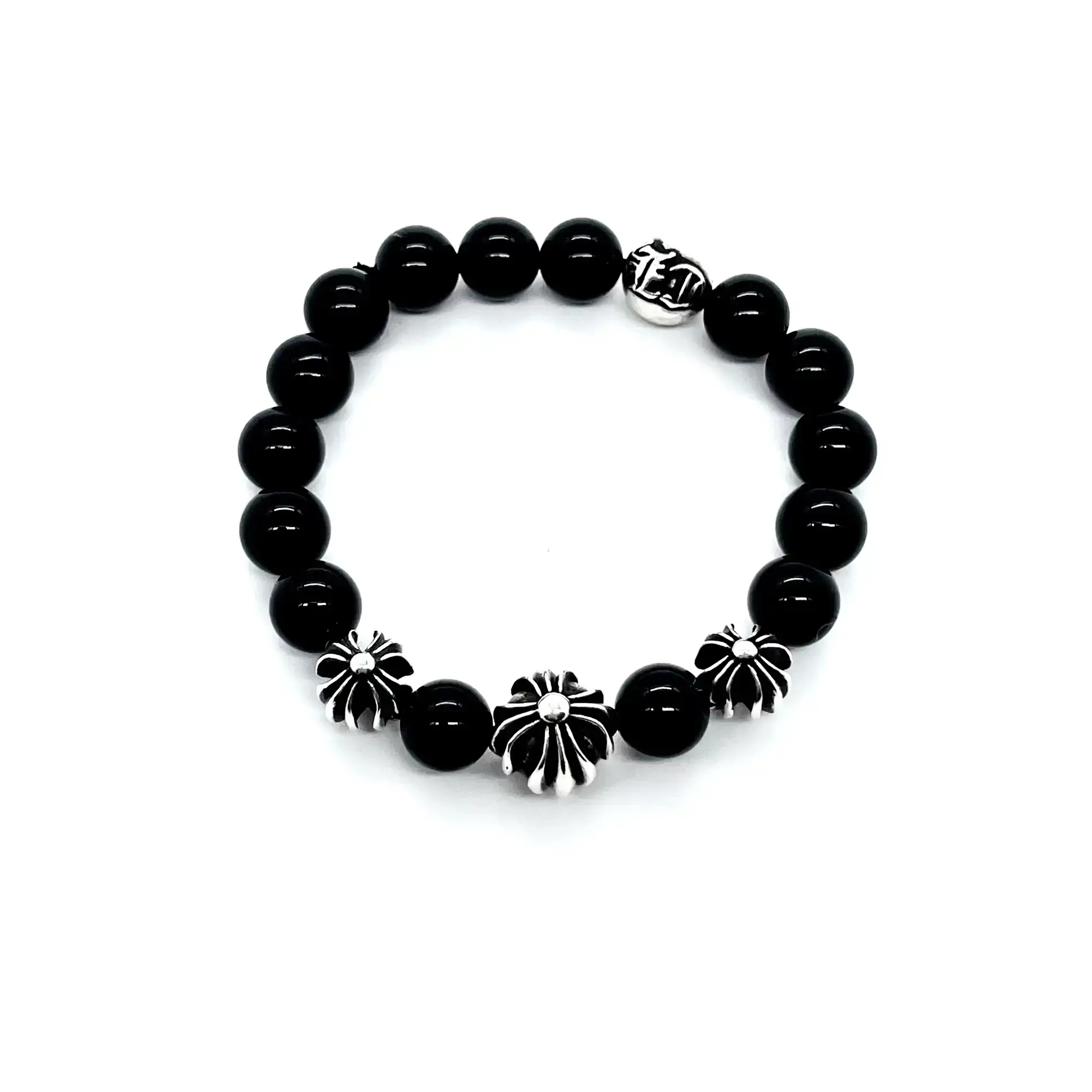 CH Cross Silver Bead Chrome Hearts Obsidian Bracelet