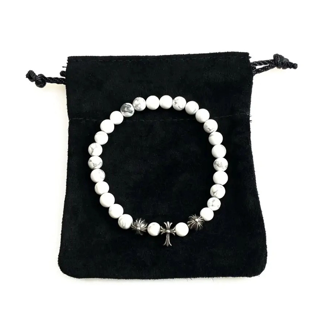 Cross Silver Bead White Onyx Chrome Hearts Bracelet Women