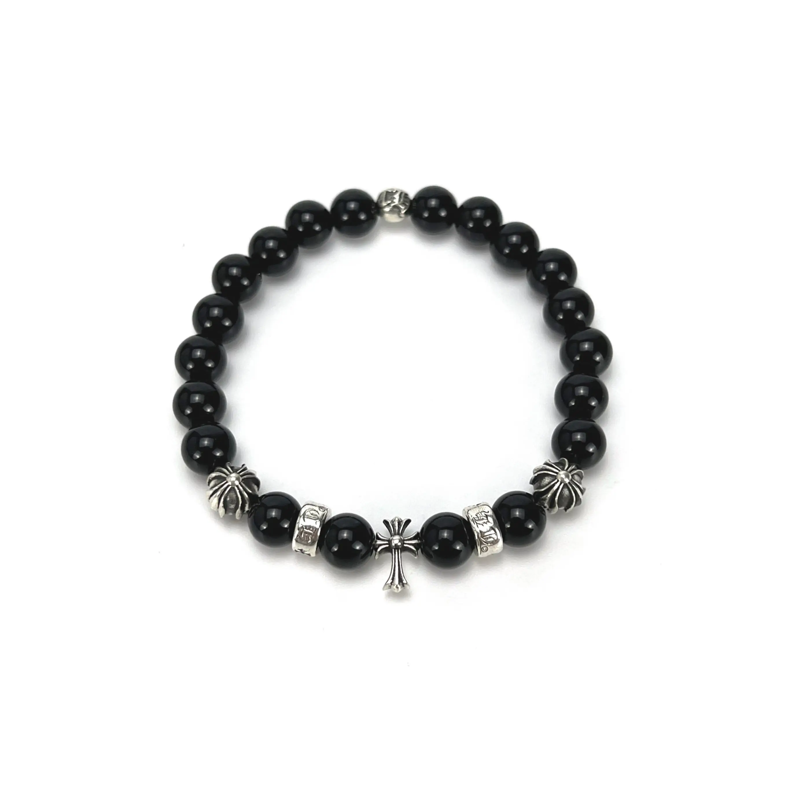 Black Chrome Hearts Onyx Cross Silver Bead Bracelet