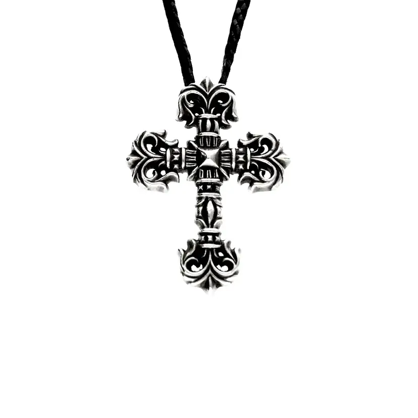 Large Filigree Cross Chrome Of Hearts Necklace