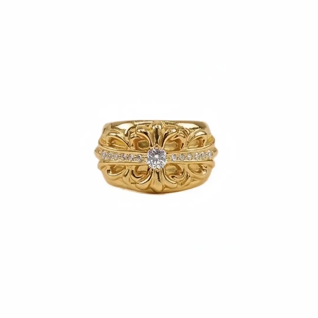 Chrome Hearts Gold Diamond Floral Cross Ring