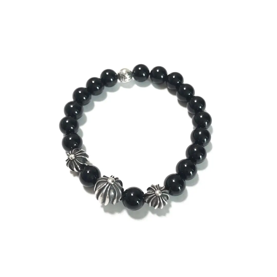 Obsidian Cross Chrome Hearts Bead Bracelet