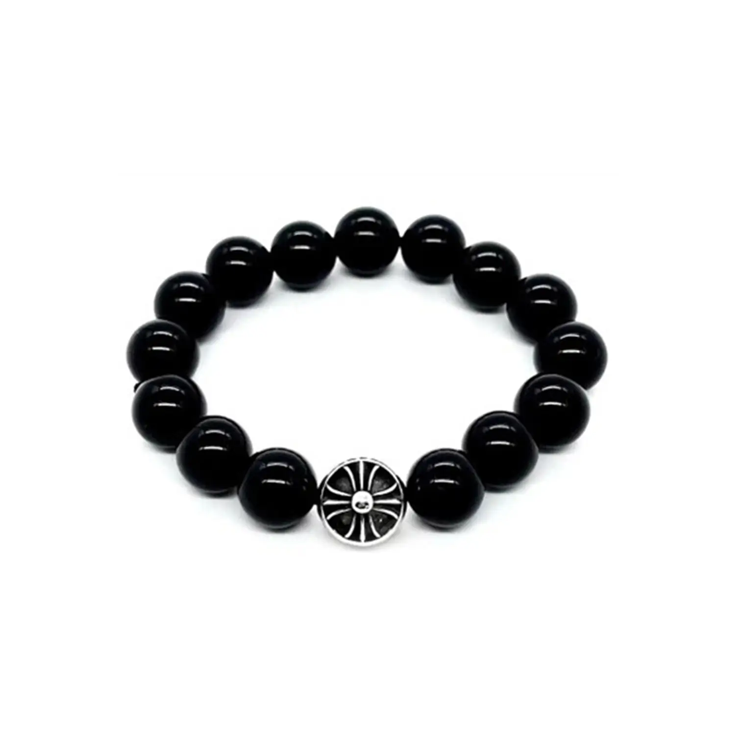 Silver Bead Chrome Hearts Obsidian Bracelet