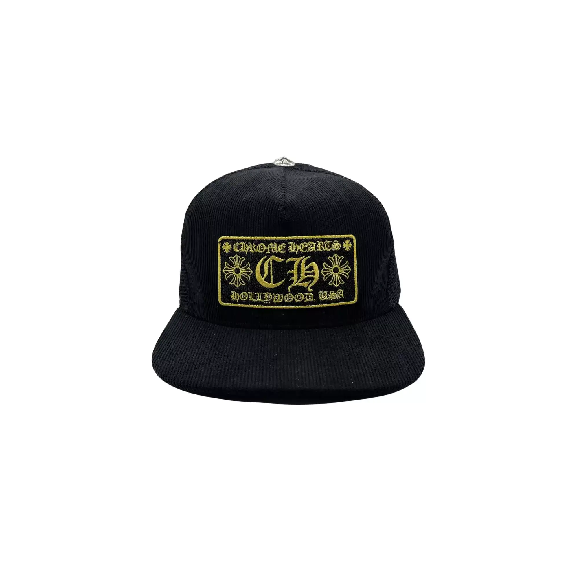 Black Hollywood CH Chrome Hearts Trucker Hat, CH embroidery decoration on the top, mesh design on the back, very breathable and cool, fashionable combination.