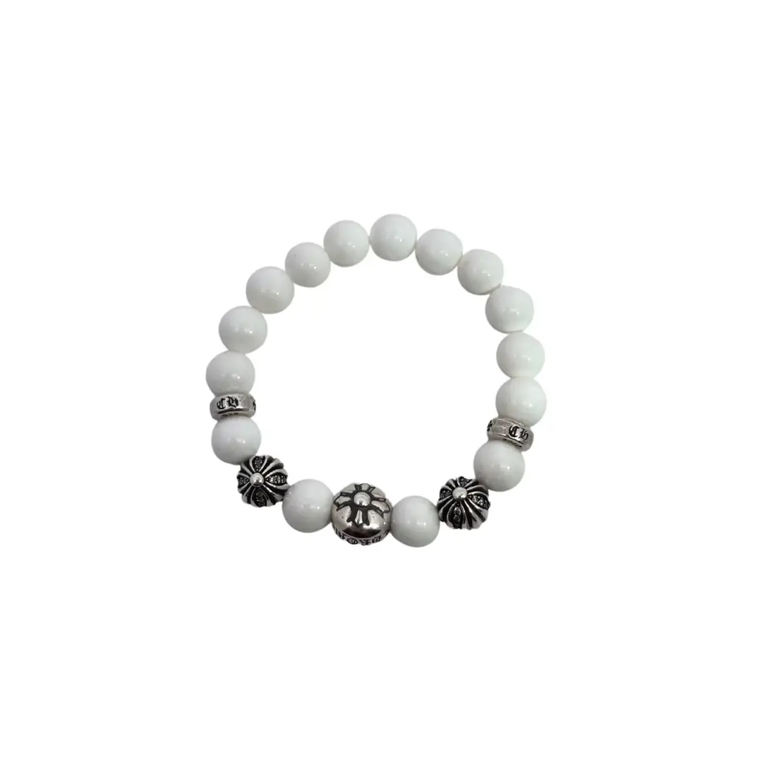 Women Chrome Hearts White Onyx Silver Bead Bracelet