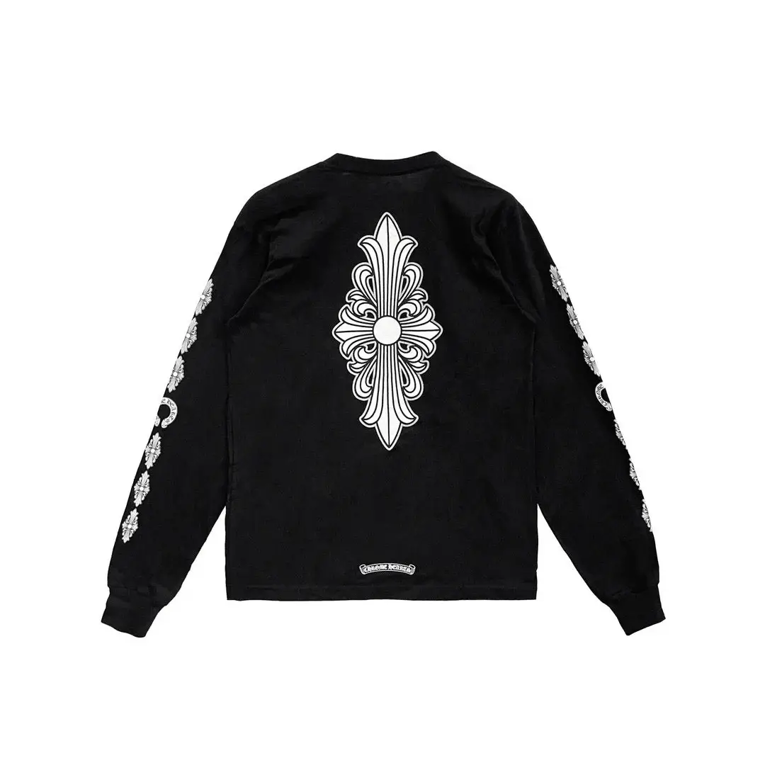 Floral Cross Chrome Heart Long Sleeve Black Shirt